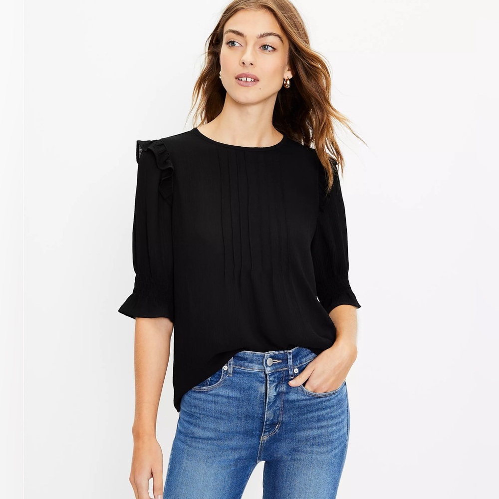 LOFT Black Pleated Ruffled 3/4 Sleeve Blouse